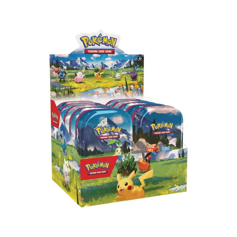 Sealed case image of the Pokémon TCG: Ascended Heroes Mini Tin Display, showing the 10 small tins with combinable artwork featuring Pikachu, Togepi, and Clefairy, and the set's Mega Evolution theme.